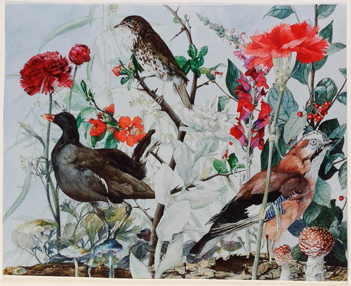 Rode bloemen en vogels
